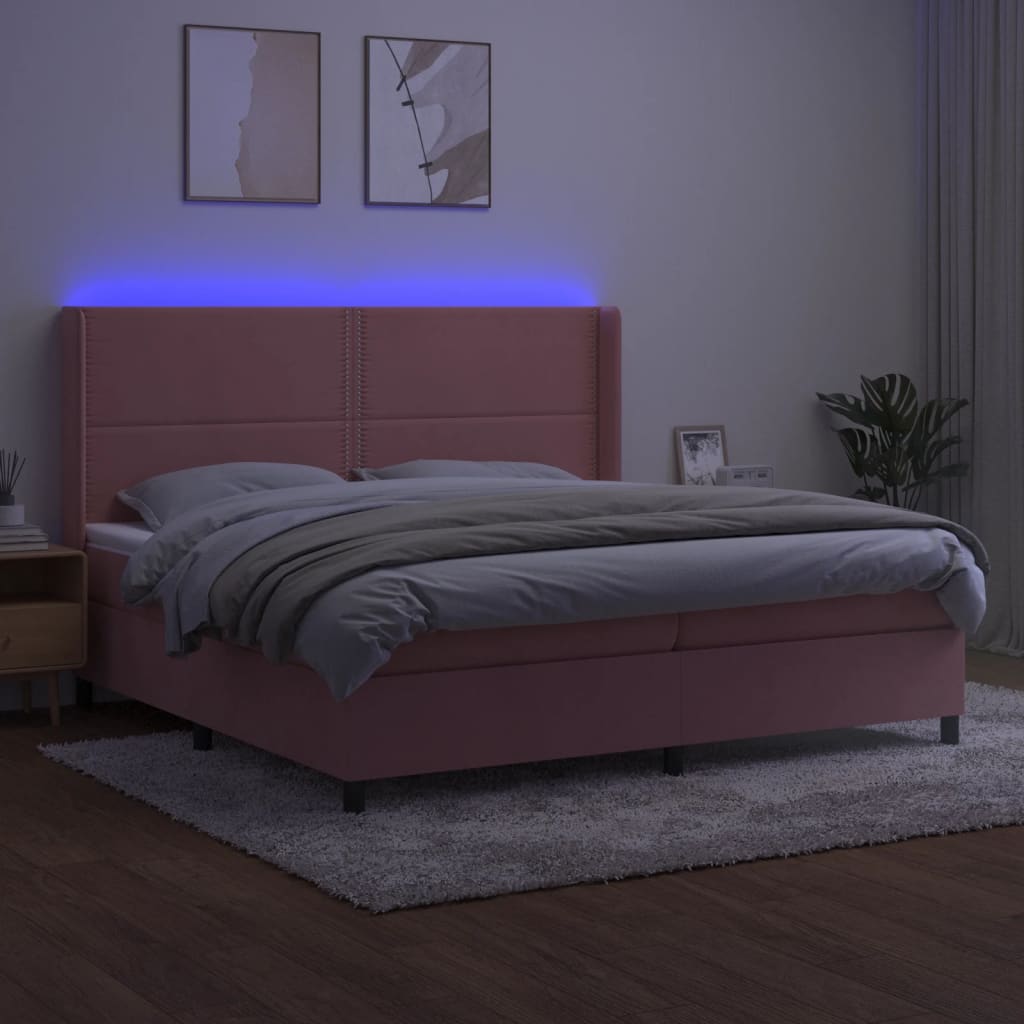 rózsaszín bársony rugós és LED-es ágy matraccal 200x200 cm