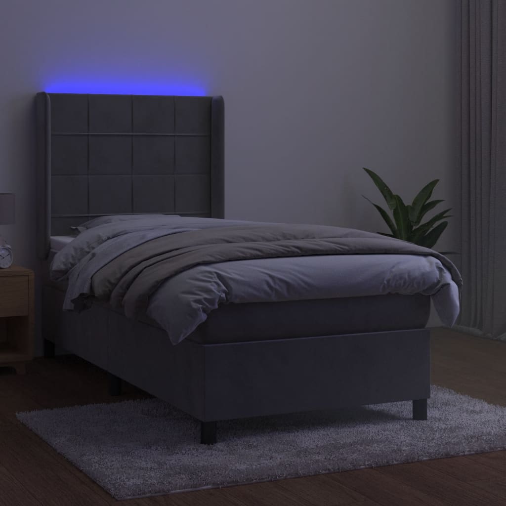 világosszürke bársony rugós és LED-es ágy matraccal 80 x 200 cm
