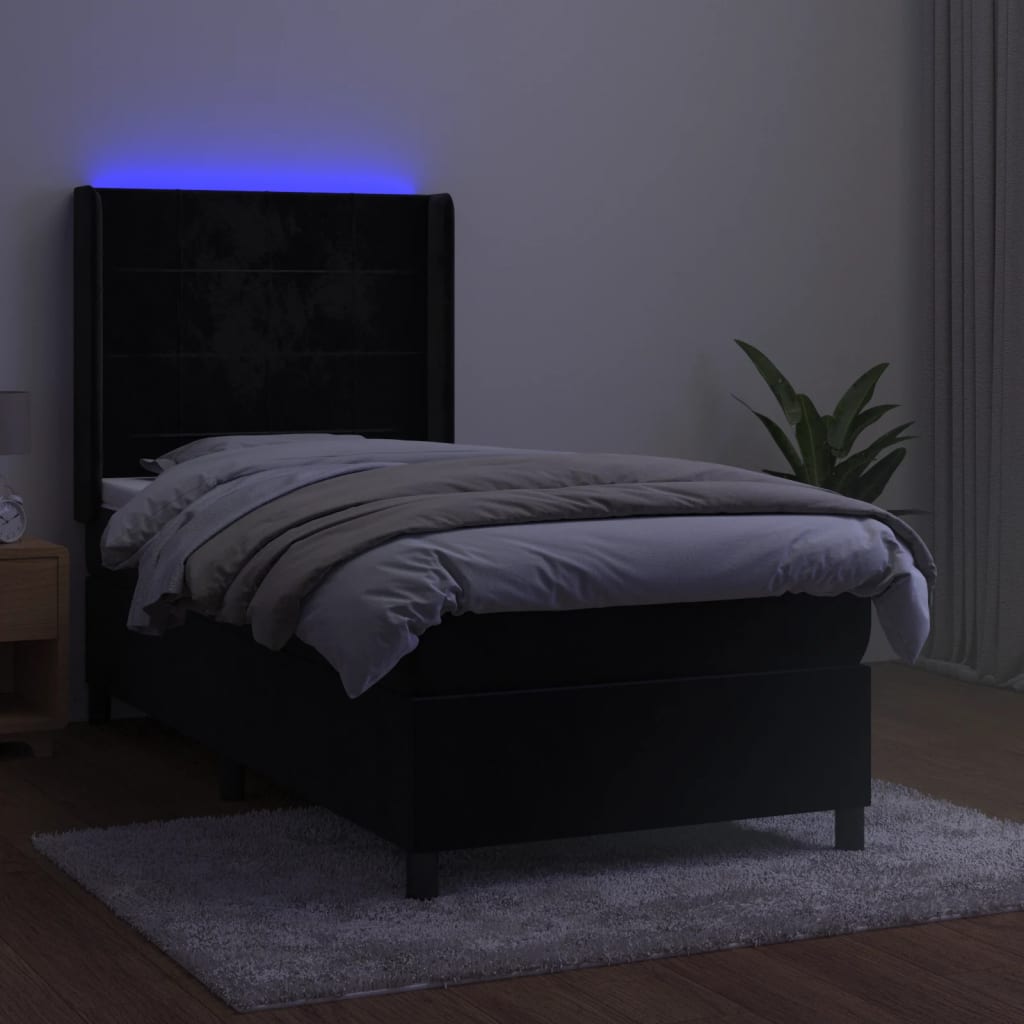fekete bársony rugós és LED-es ágy matraccal 90x190 cm