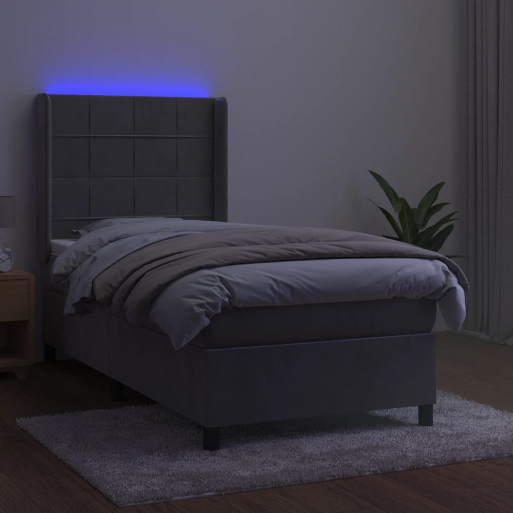 világosszürke bársony rugós és LED-es ágy matraccal 90x200 cm