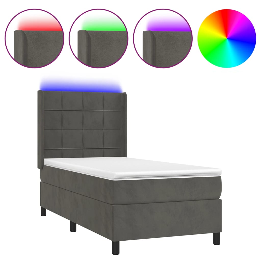 sötétszürke bársony rugós és LED-es ágy matraccal 90x200 cm