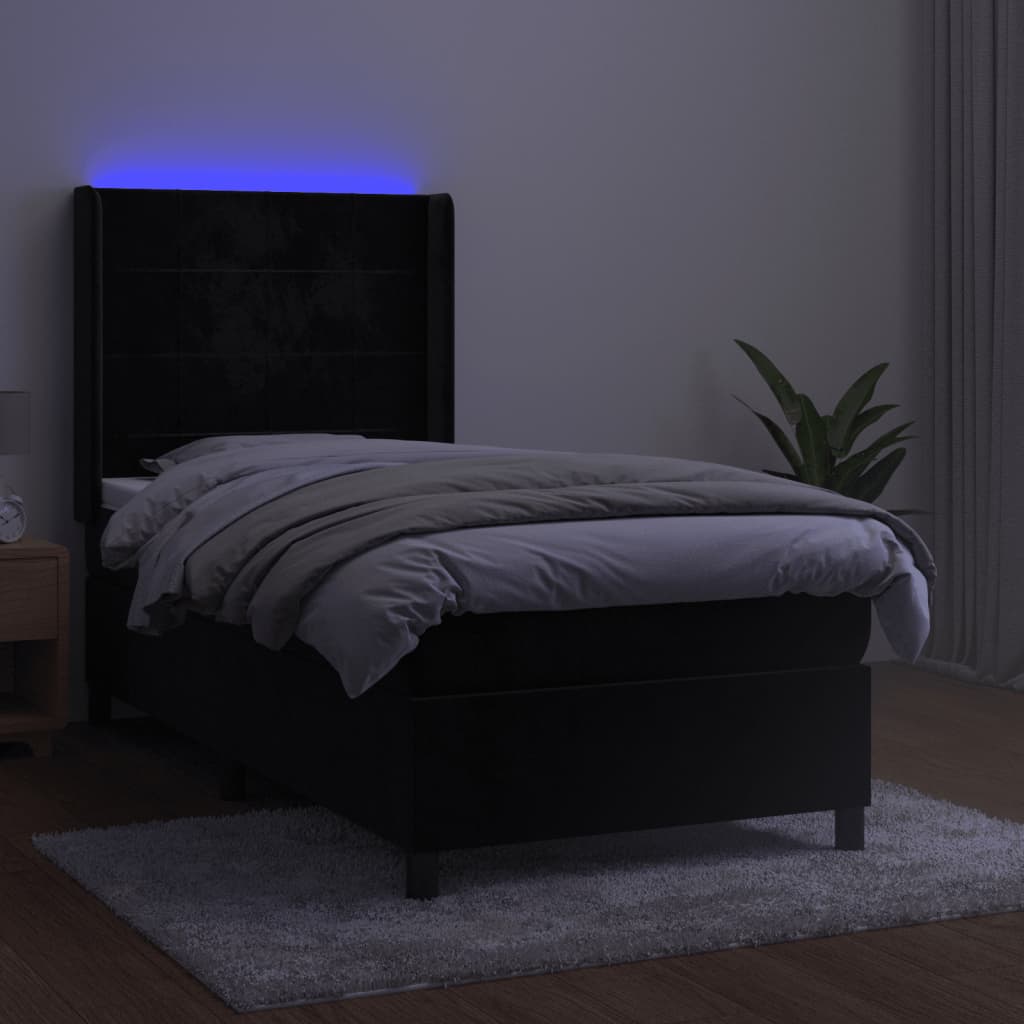 fekete bársony rugós és LED-es ágy matraccal 90x200 cm