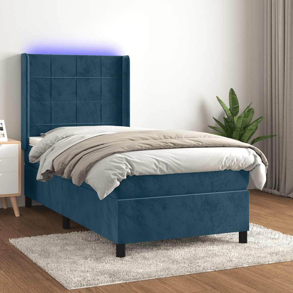 sötétkék bársony rugós és LED-es ágy matraccal 90x200 cm