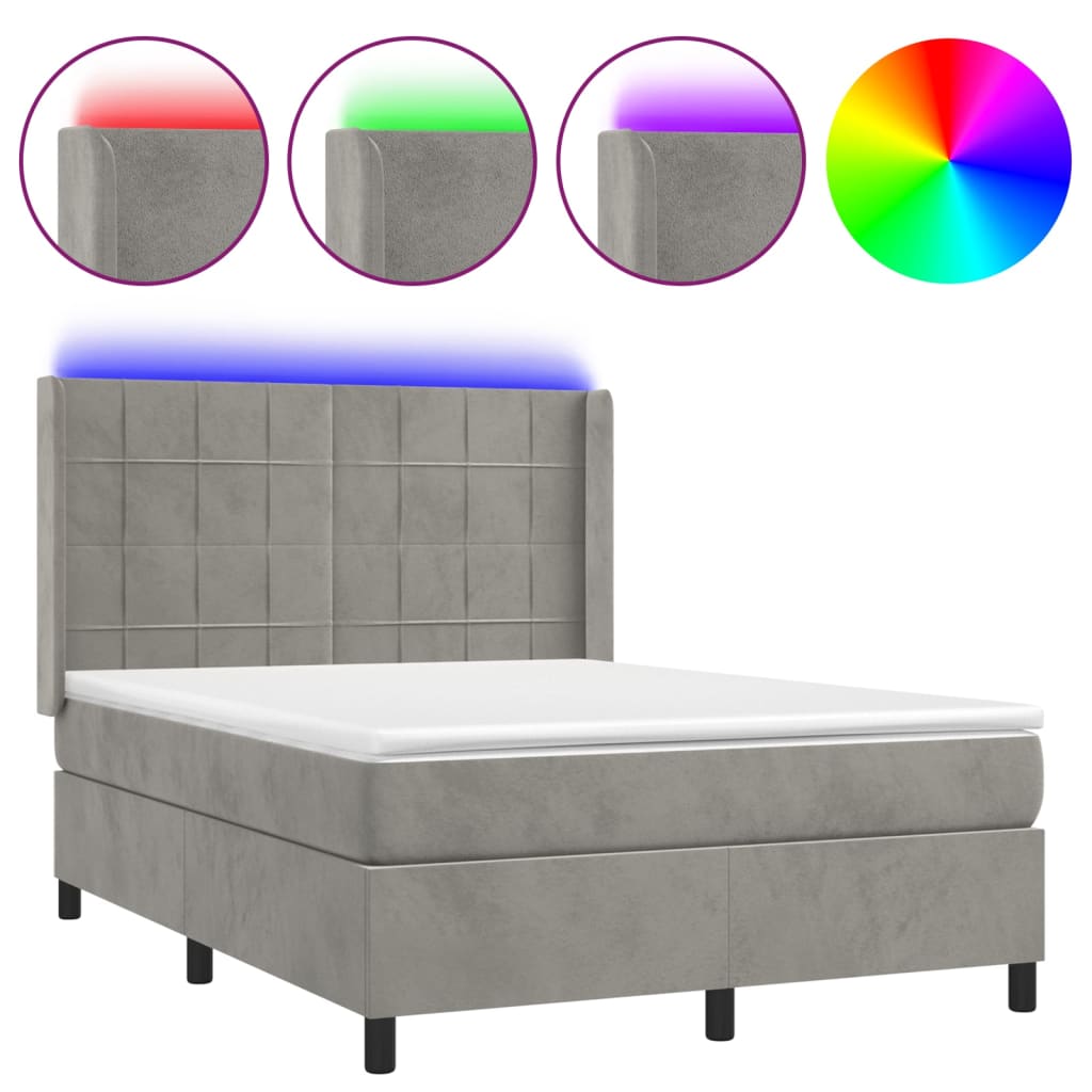 világosszürke bársony rugós és LED-es ágy matraccal 140x190 cm