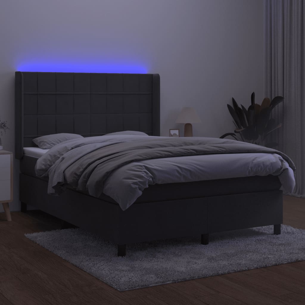 sötétszürke bársony rugós és LED-es ágy matraccal 140x190 cm