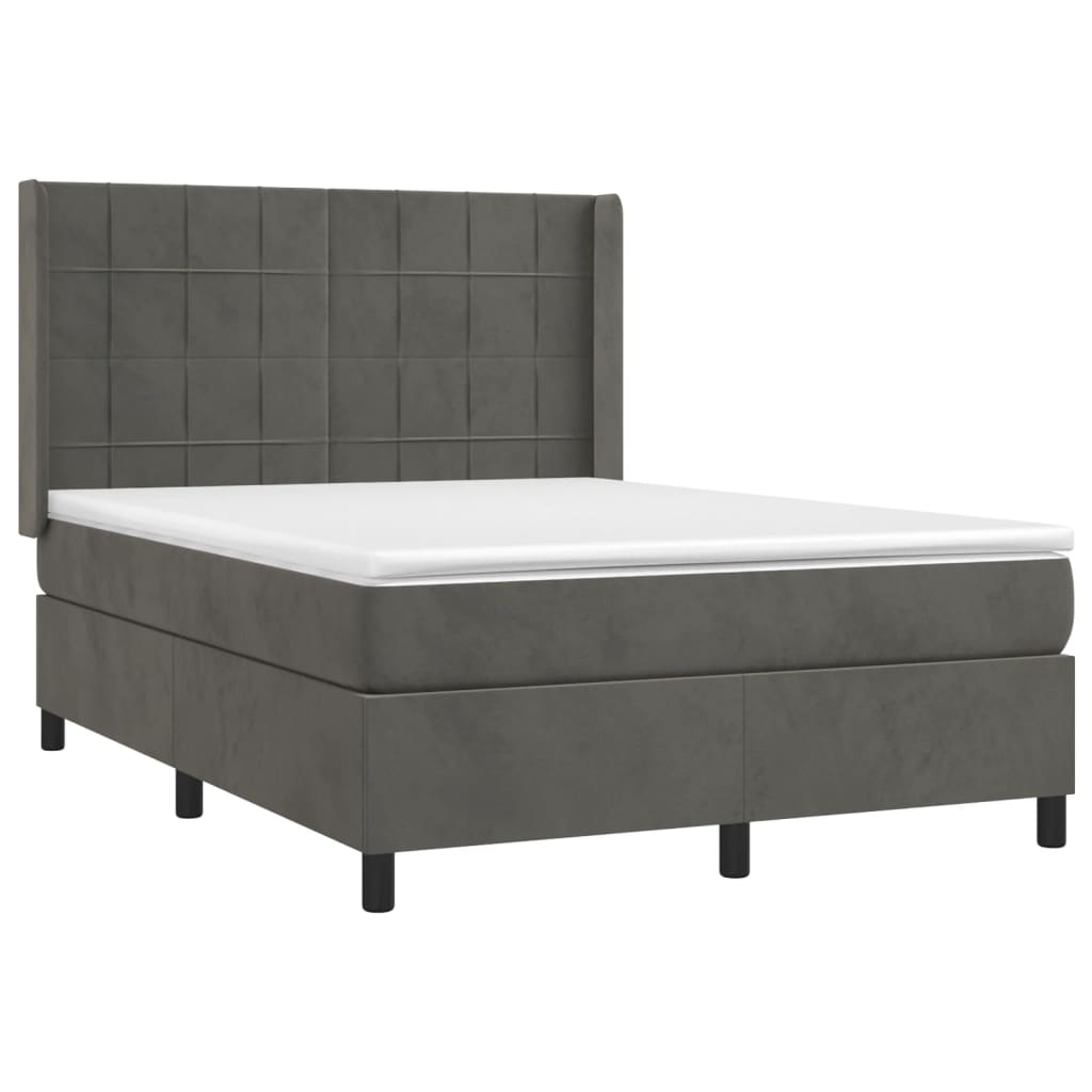 sötétszürke bársony rugós és LED-es ágy matraccal 140x190 cm