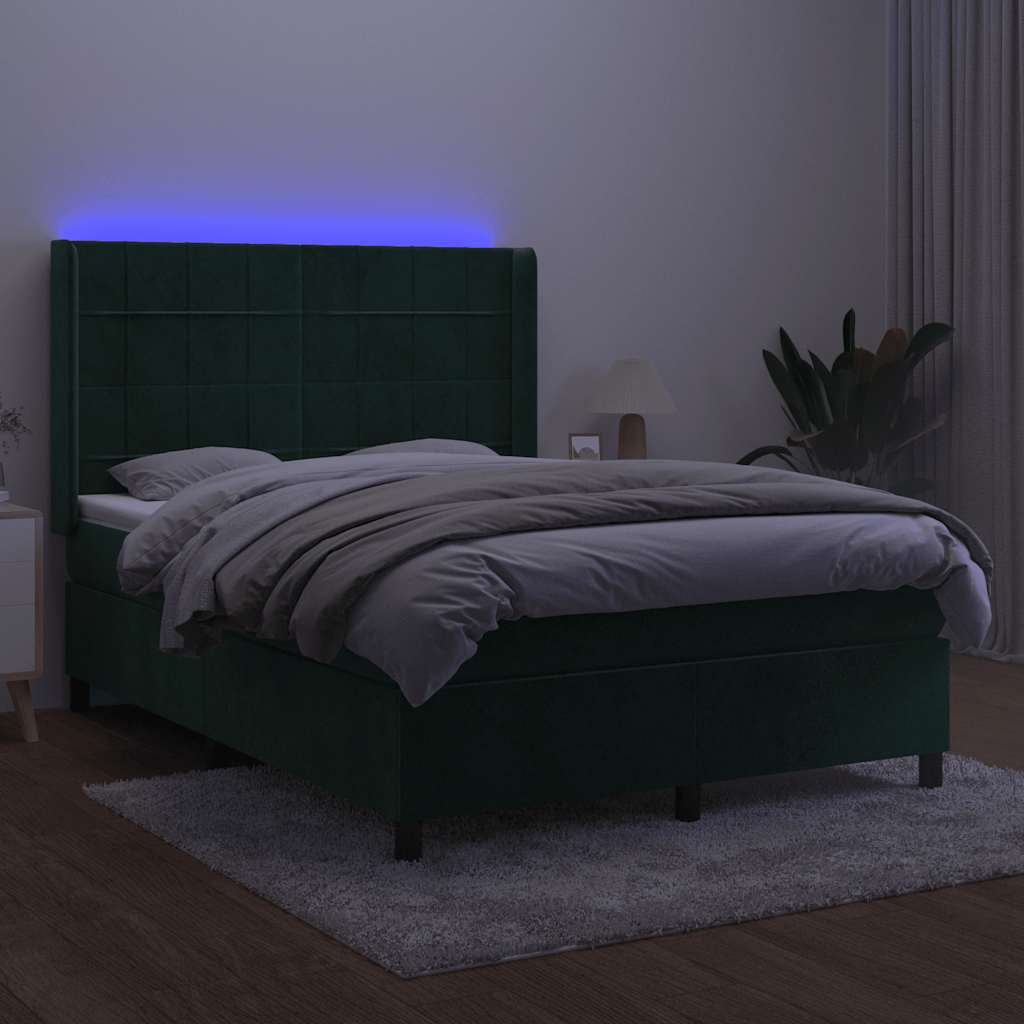 sötétzöld bársony rugós és LED-es ágy matraccal 140x190 cm