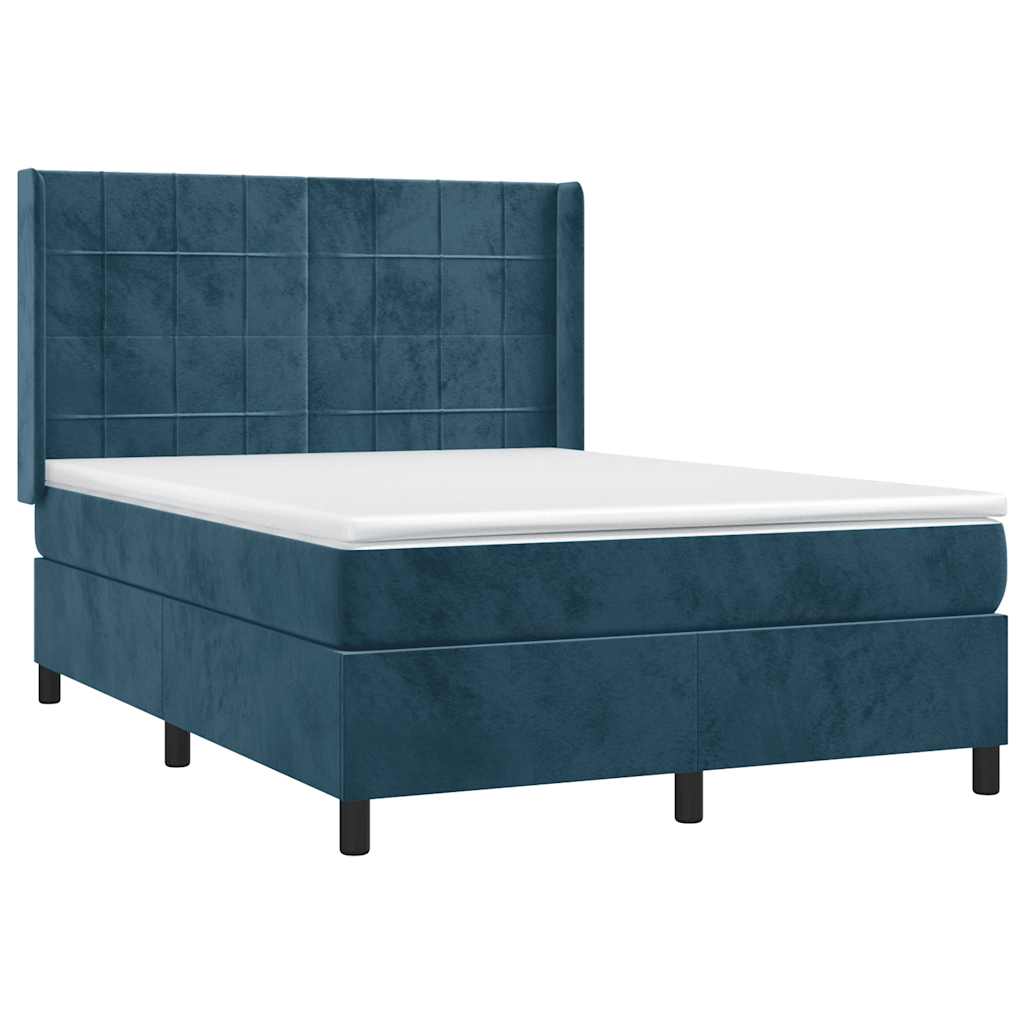 sötétkék bársony rugós és LED-es ágy matraccal 140x190 cm