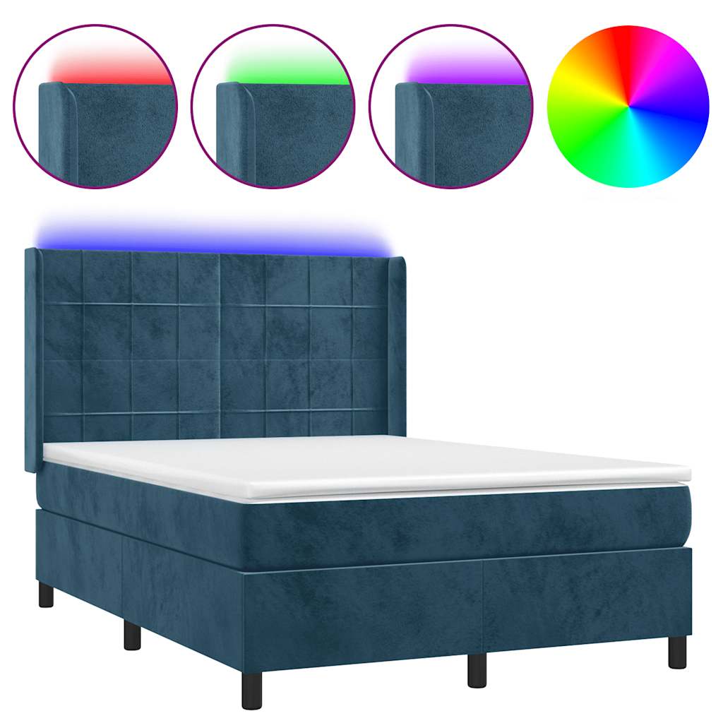 sötétkék bársony rugós és LED-es ágy matraccal 140x200 cm