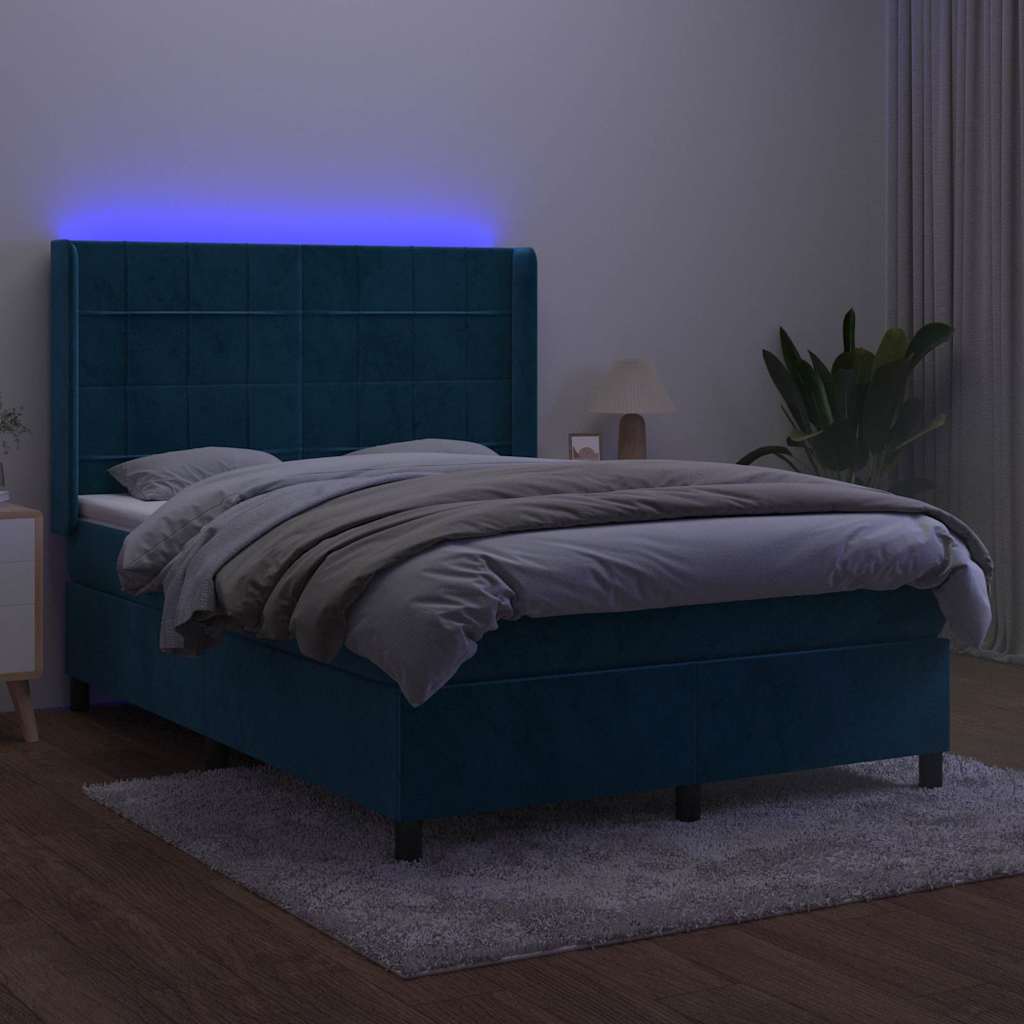 sötétkék bársony rugós és LED-es ágy matraccal 140x200 cm