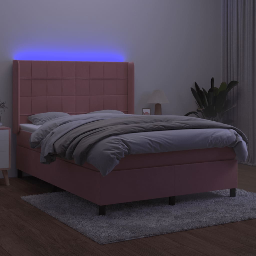 rózsaszín bársony rugós és LED-es ágy matraccal 140x200 cm