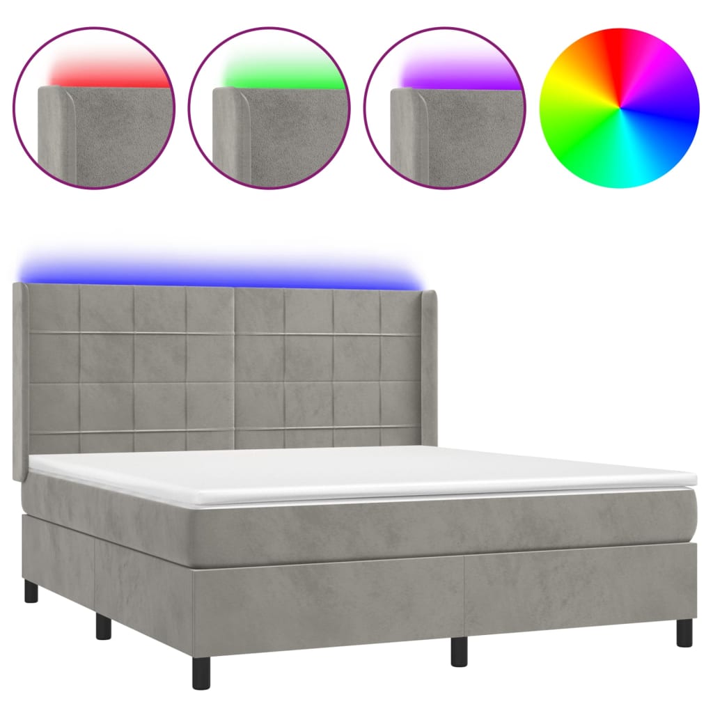 világosszürke bársony rugós és LED-es ágy matraccal 160x200 cm