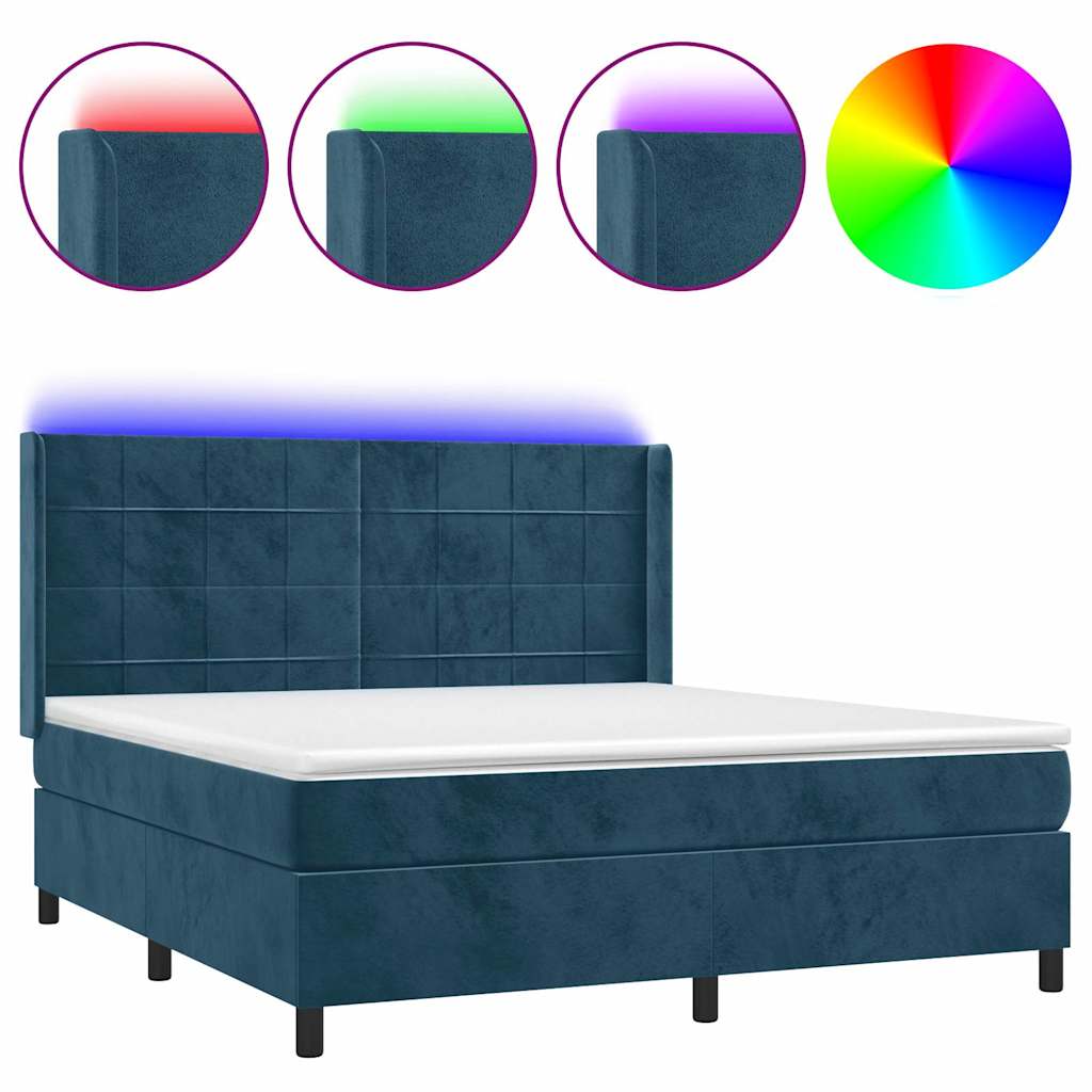 sötétkék bársony rugós és LED-es ágy matraccal 160x200 cm