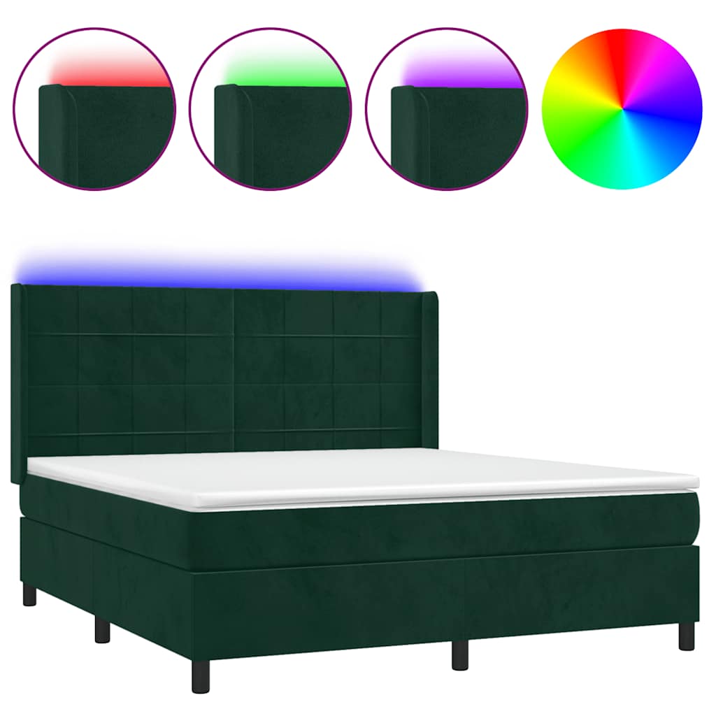 sötétzöld bársony rugós és LED-es ágy matraccal 180x200 cm