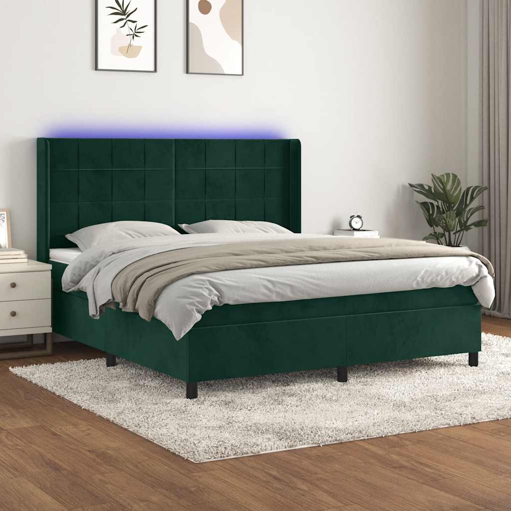sötétzöld bársony rugós és LED-es ágy matraccal 180x200 cm