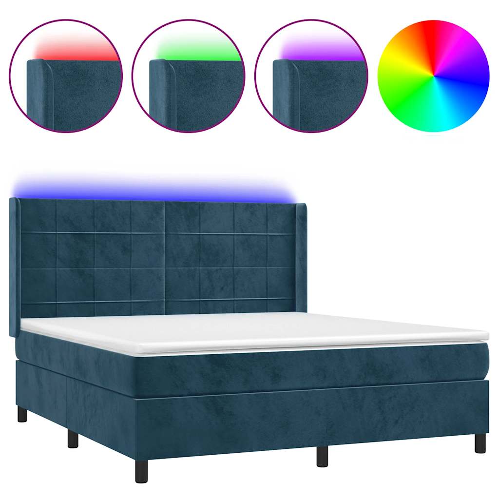 sötétkék bársony rugós és LED-es ágy matraccal 180x200 cm