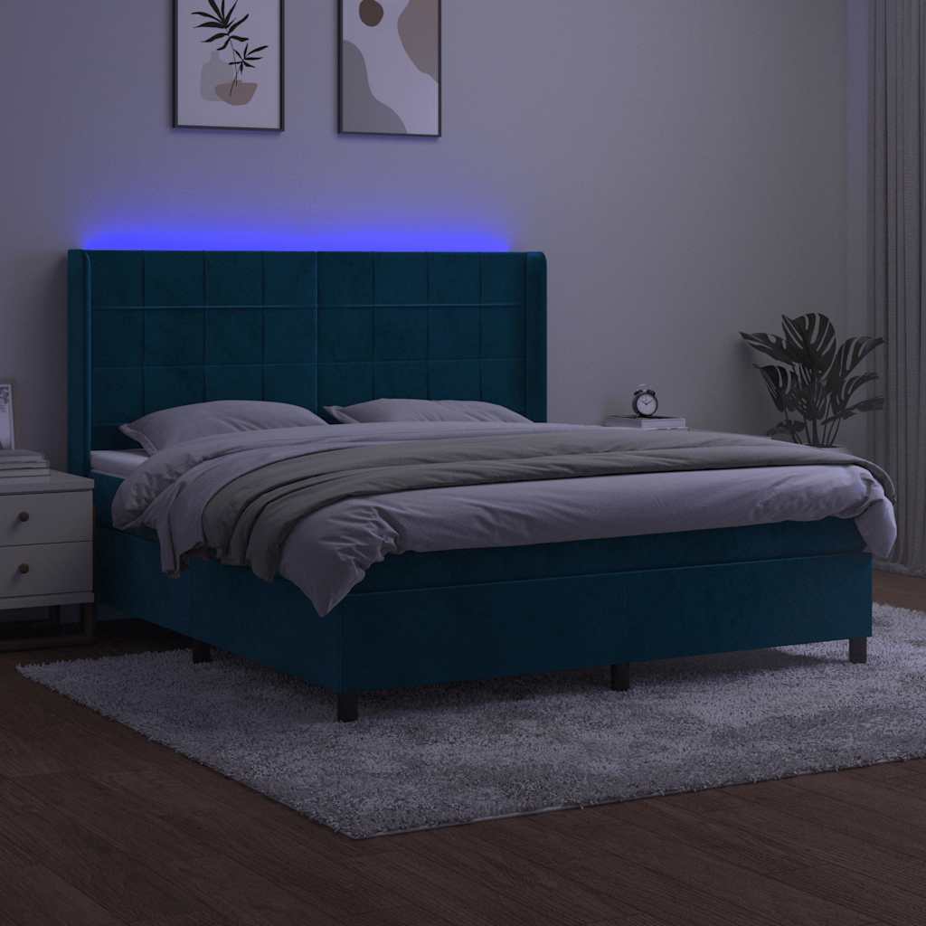 sötétkék bársony rugós és LED-es ágy matraccal 180x200 cm