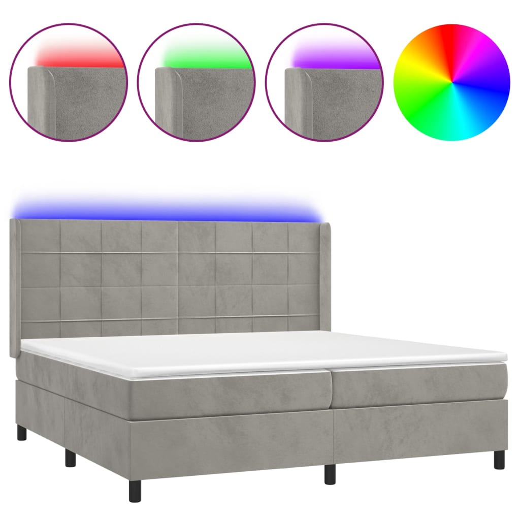 világosszürke bársony rugós és LED-es ágy matraccal 200x200 cm