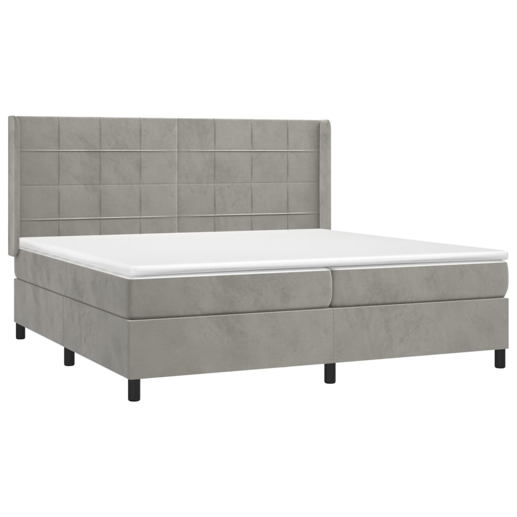 világosszürke bársony rugós és LED-es ágy matraccal 200x200 cm
