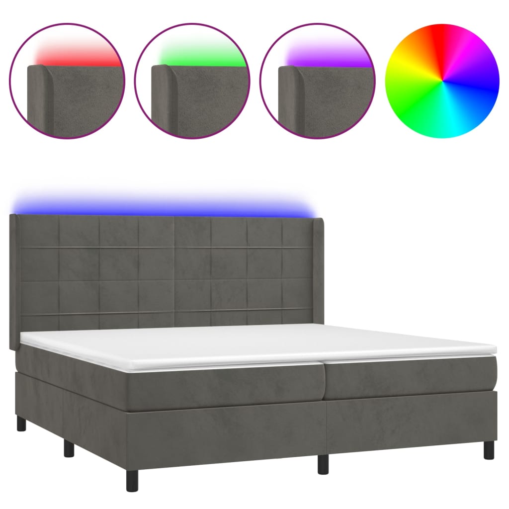 sötétszürke bársony rugós és LED-es ágy matraccal 200x200 cm