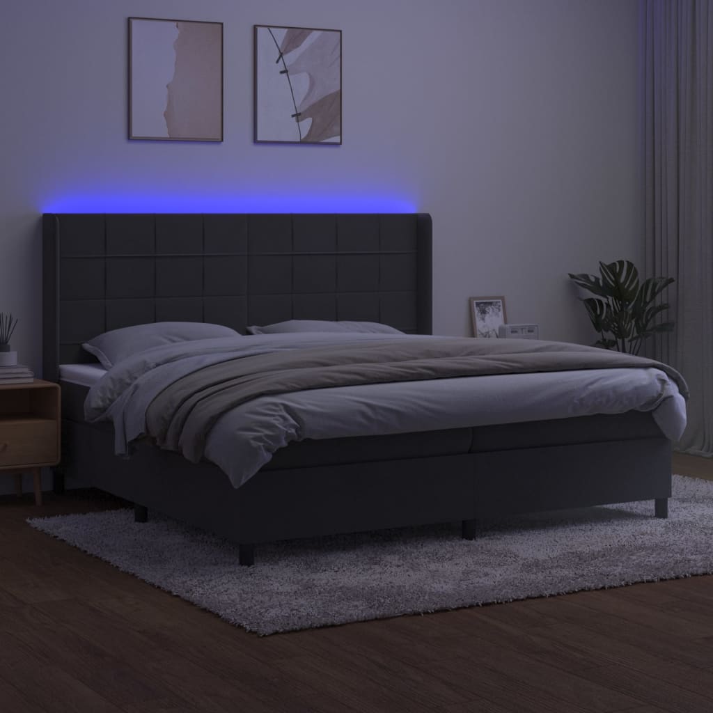 sötétszürke bársony rugós és LED-es ágy matraccal 200x200 cm