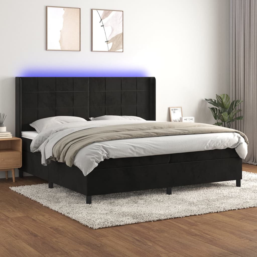 fekete bársony rugós és LED-es ágy matraccal 200x200 cm