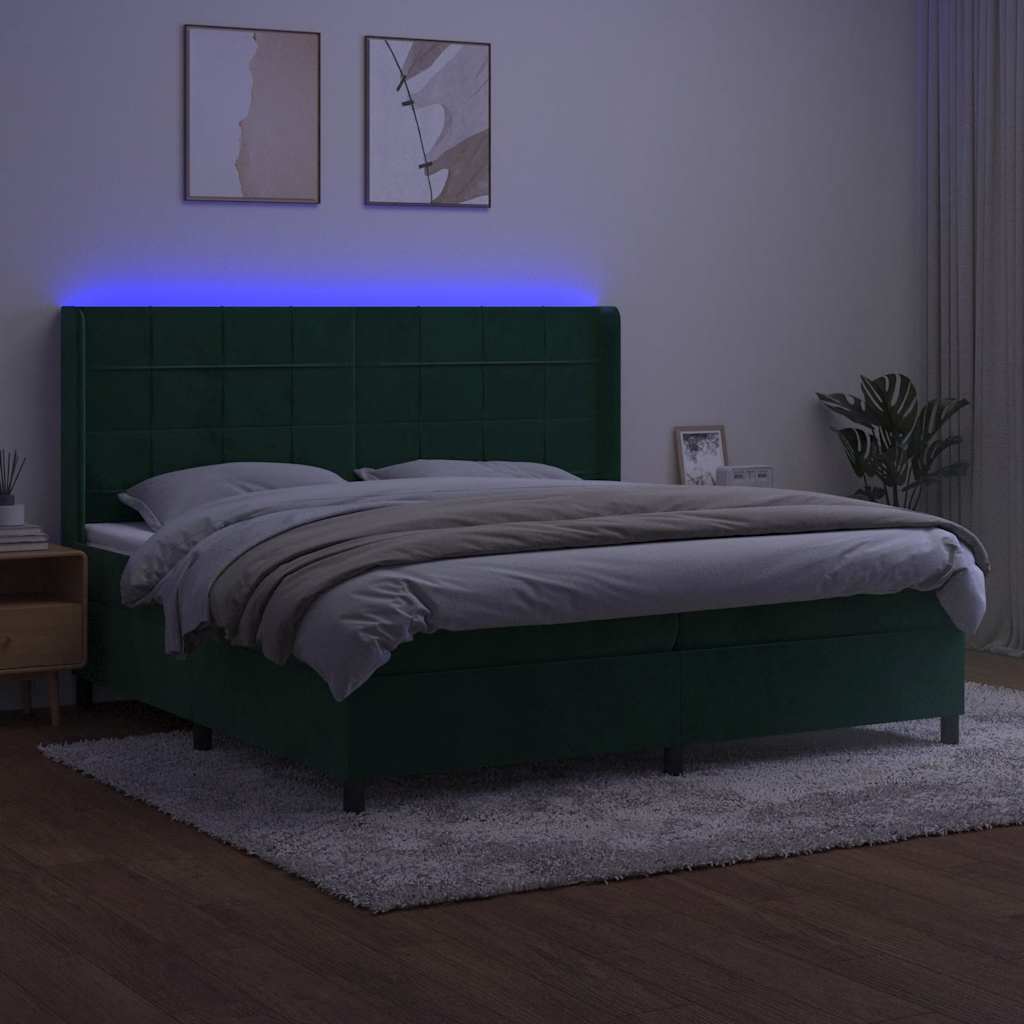 sötétzöld bársony rugós és LED-es ágy matraccal 200x200 cm