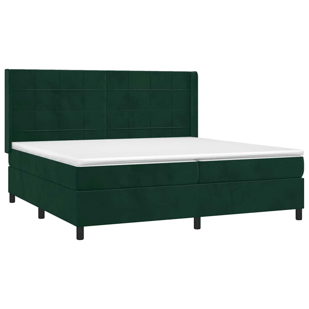 sötétzöld bársony rugós és LED-es ágy matraccal 200x200 cm