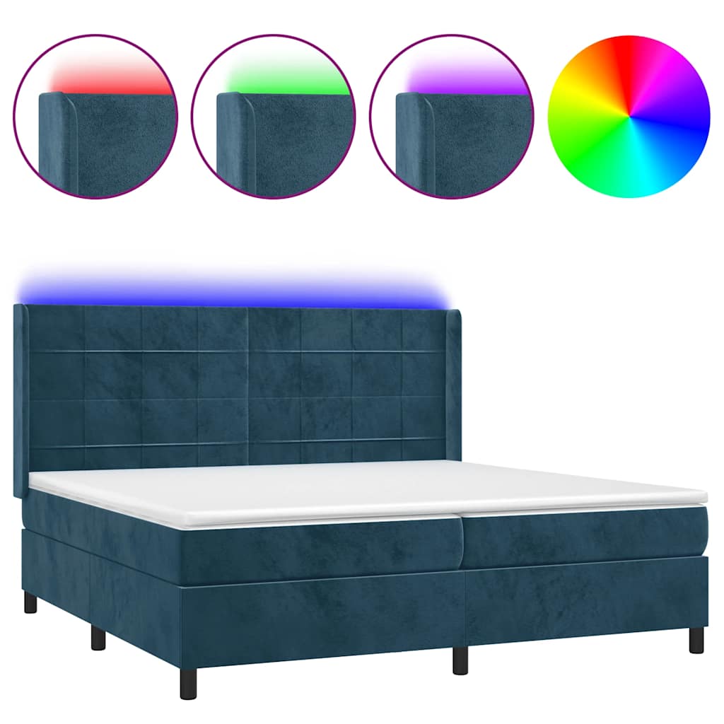 sötétkék bársony rugós és LED-es ágy matraccal 200x200 cm