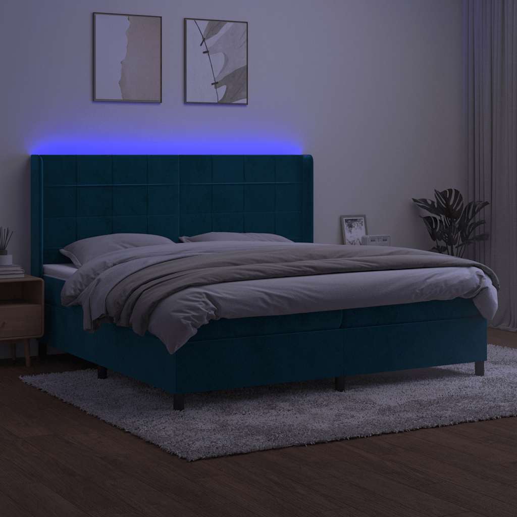 sötétkék bársony rugós és LED-es ágy matraccal 200x200 cm