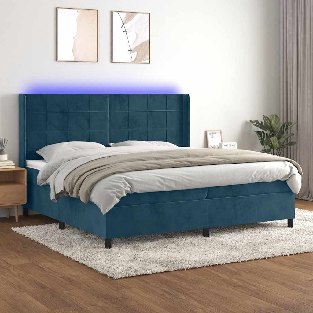 sötétkék bársony rugós és LED-es ágy matraccal 200x200 cm