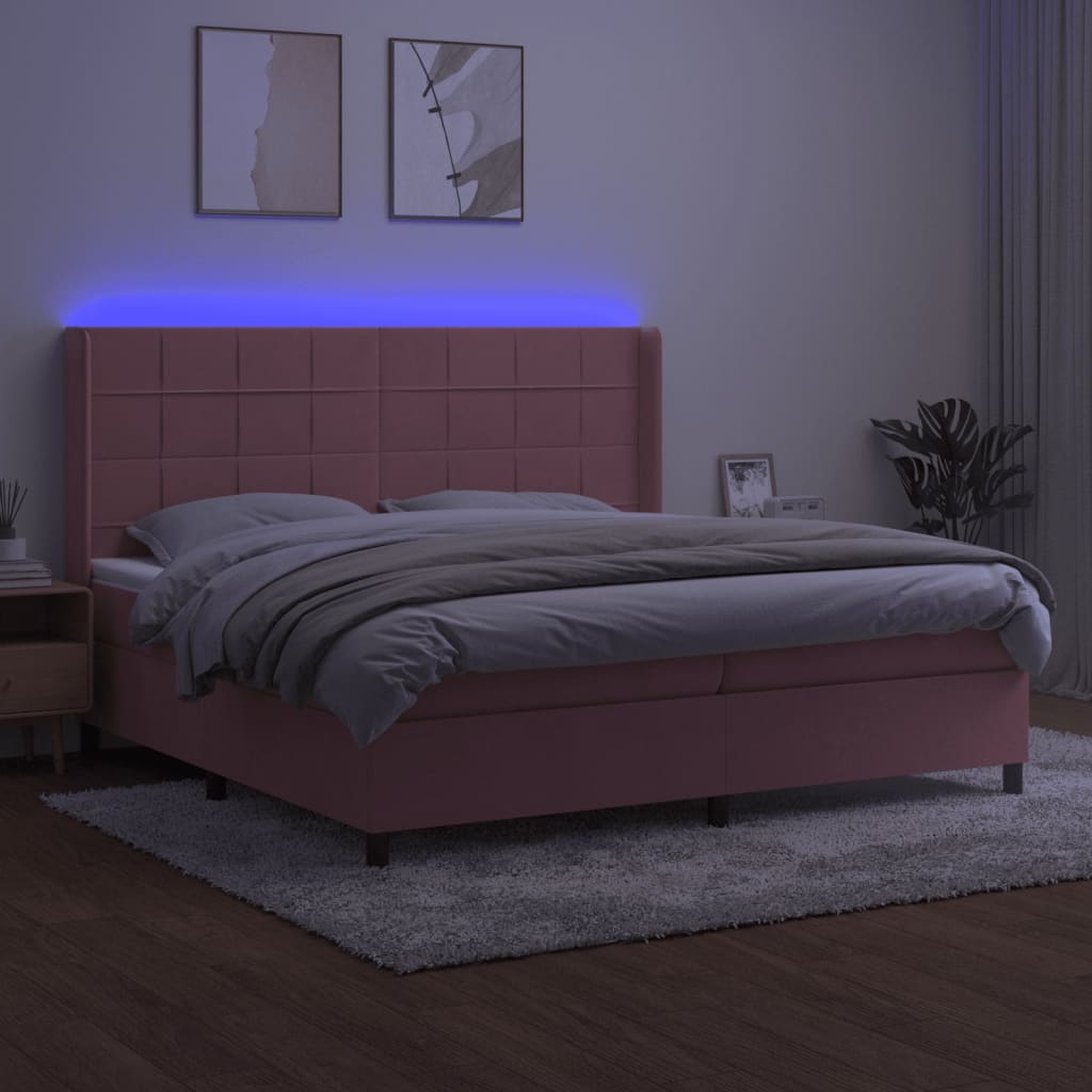 rózsaszín bársony rugós és LED-es ágy matraccal 200x200 cm