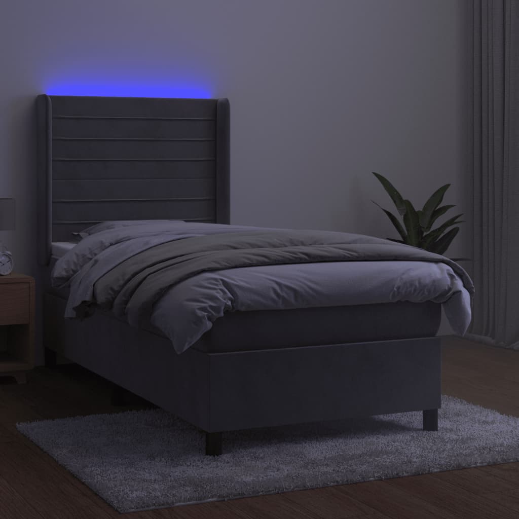 világosszürke bársony rugós és LED-es ágy matraccal 80 x 200 cm