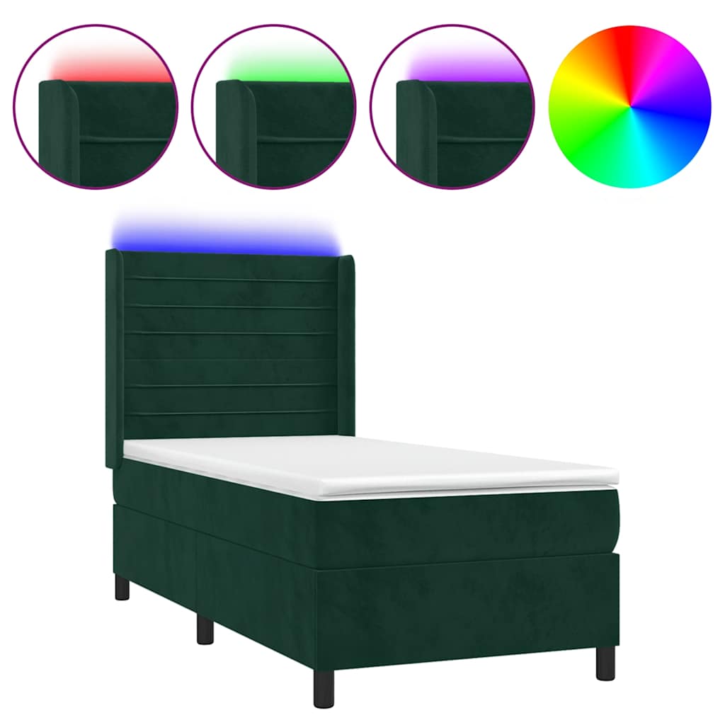 sötétzöld bársony rugós és LED-es ágy matraccal 80 x 200 cm