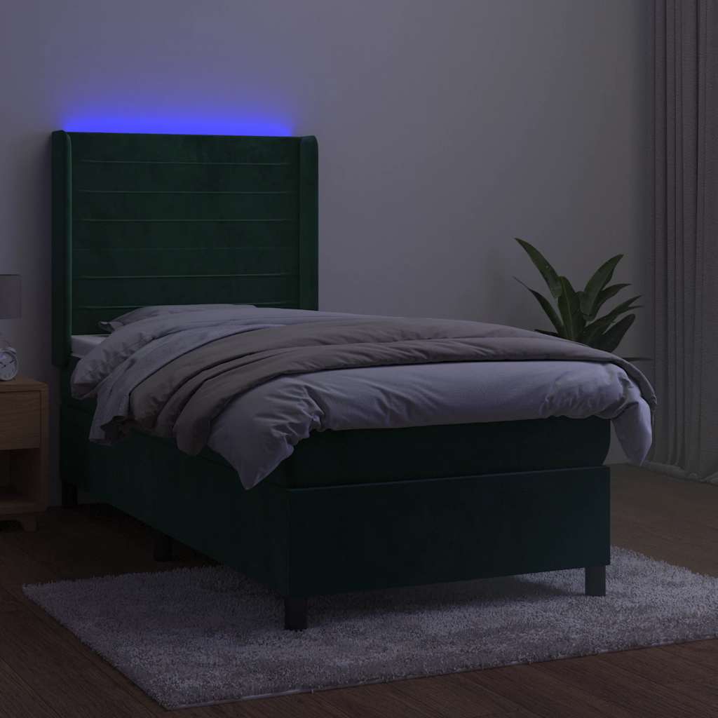 sötétzöld bársony rugós és LED-es ágy matraccal 80 x 200 cm