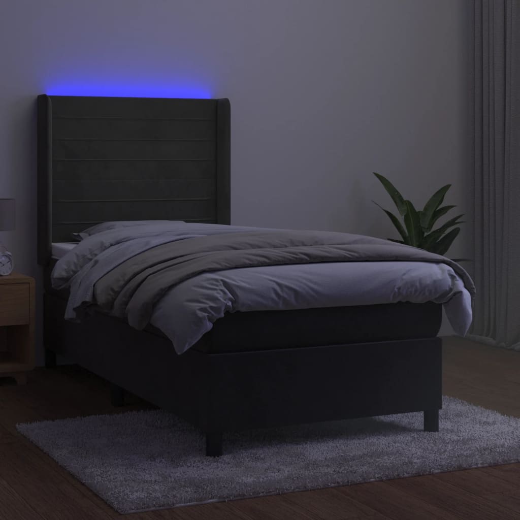 sötétszürke bársony rugós és LED-es ágy matraccal 90x190 cm