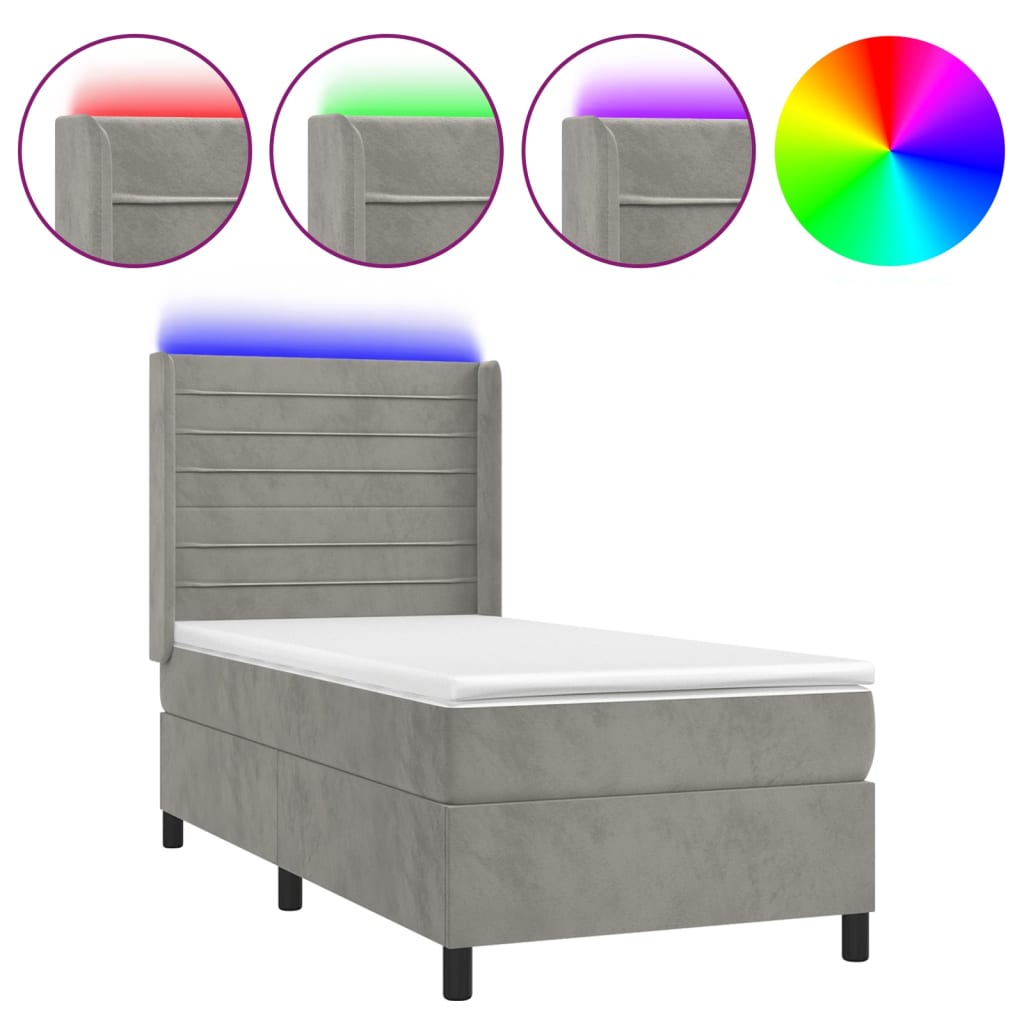 világosszürke bársony rugós és LED-es ágy matraccal 90x200 cm