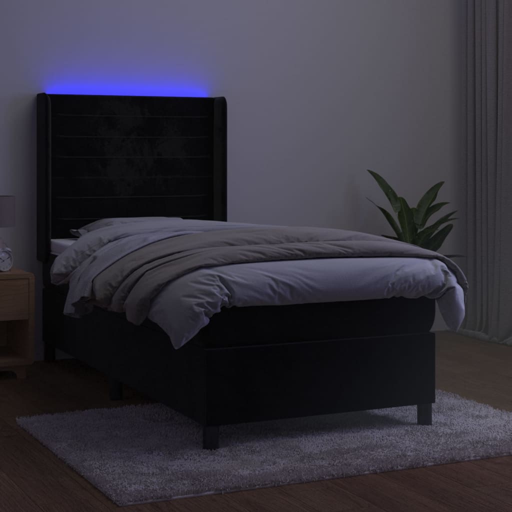 fekete bársony rugós és LED-es ágy matraccal 90x200 cm