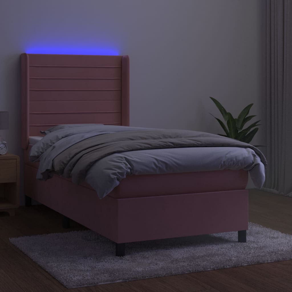 rózsaszín bársony rugós és LED-es ágy matraccal 90x200 cm