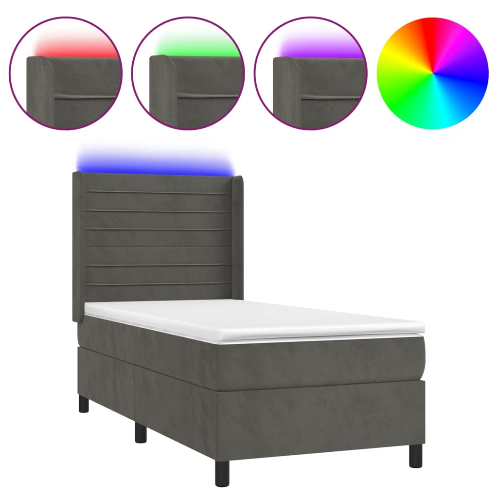 sötétszürke bársony rugós és LED-es ágy matraccal 100x200 cm