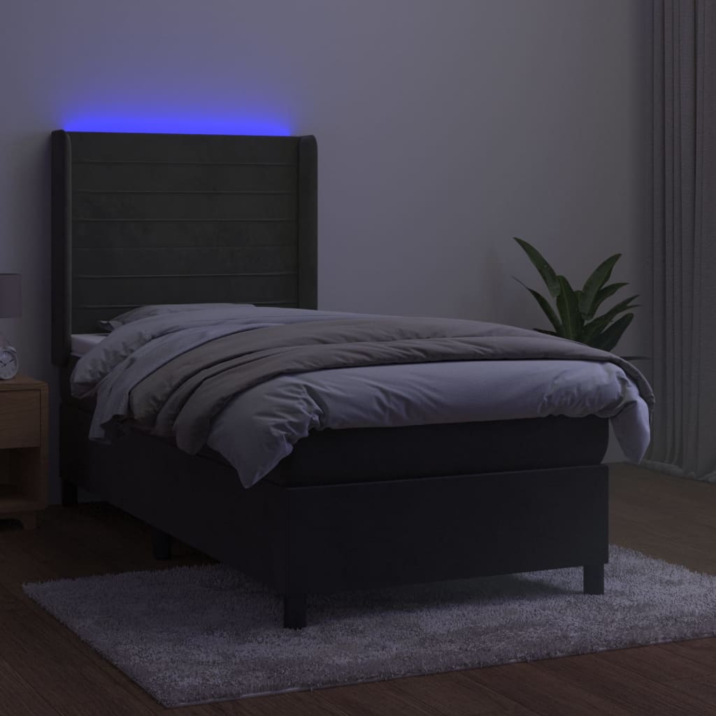 sötétszürke bársony rugós és LED-es ágy matraccal 100x200 cm