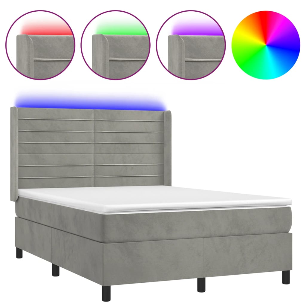 világosszürke bársony rugós és LED-es ágy matraccal 140x190 cm