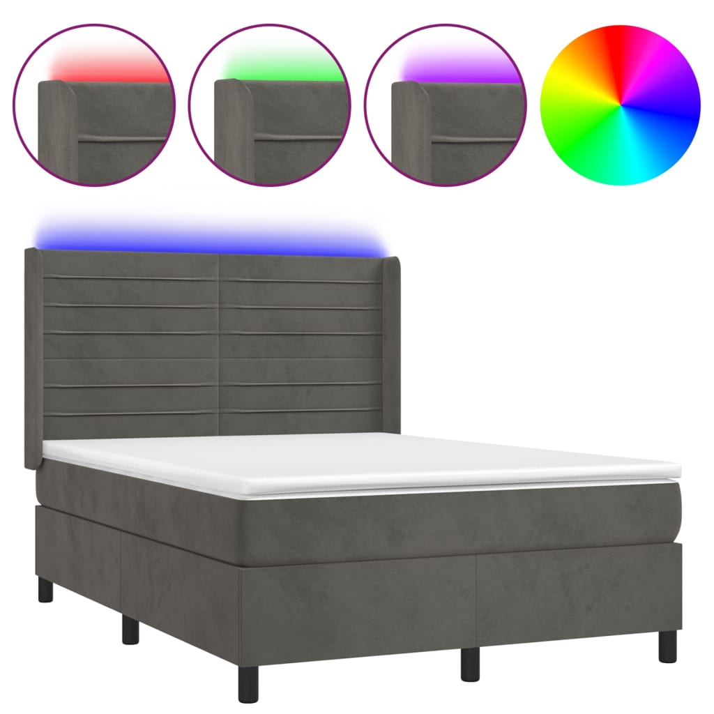 sötétszürke bársony rugós és LED-es ágy matraccal 140x190 cm