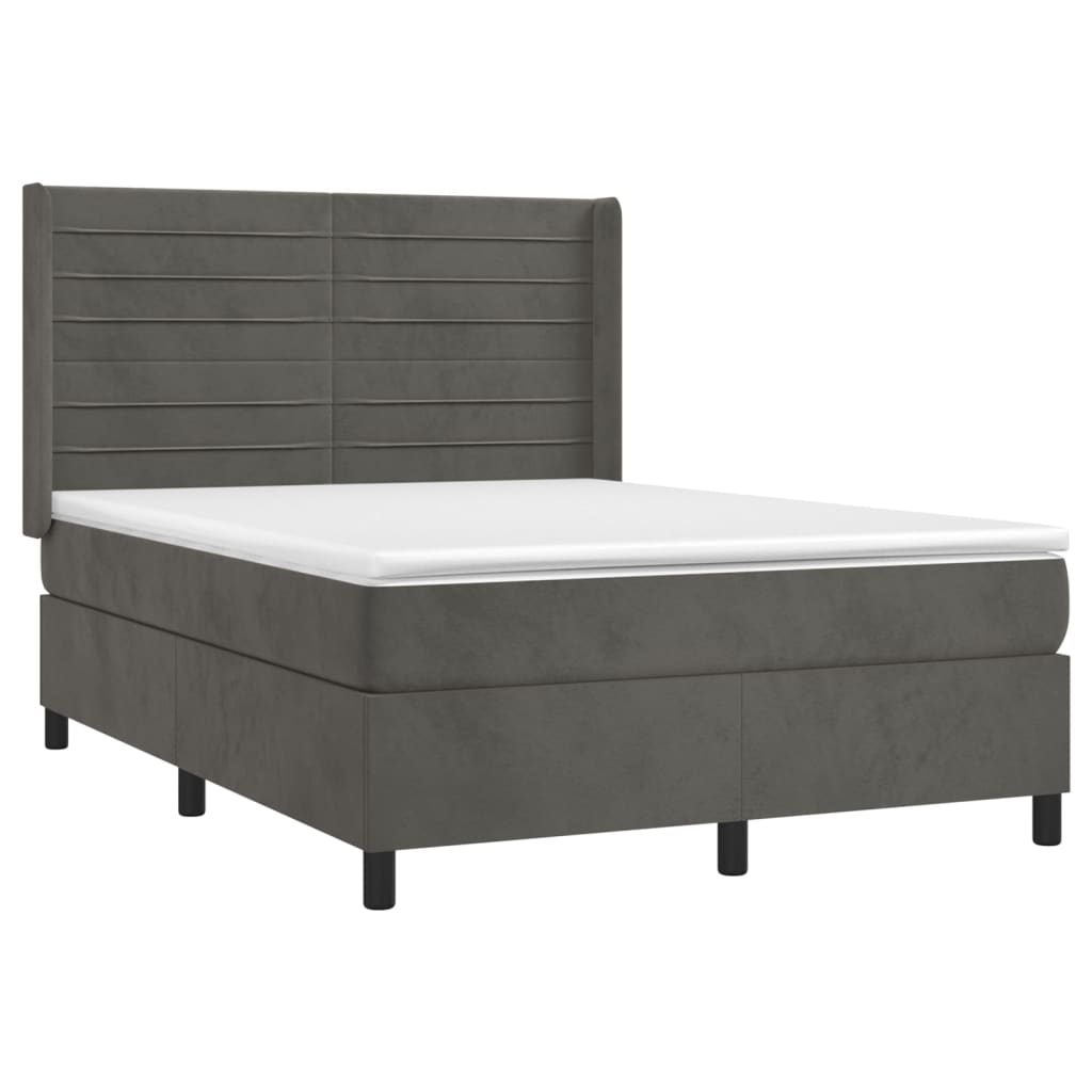 sötétszürke bársony rugós és LED-es ágy matraccal 140x190 cm