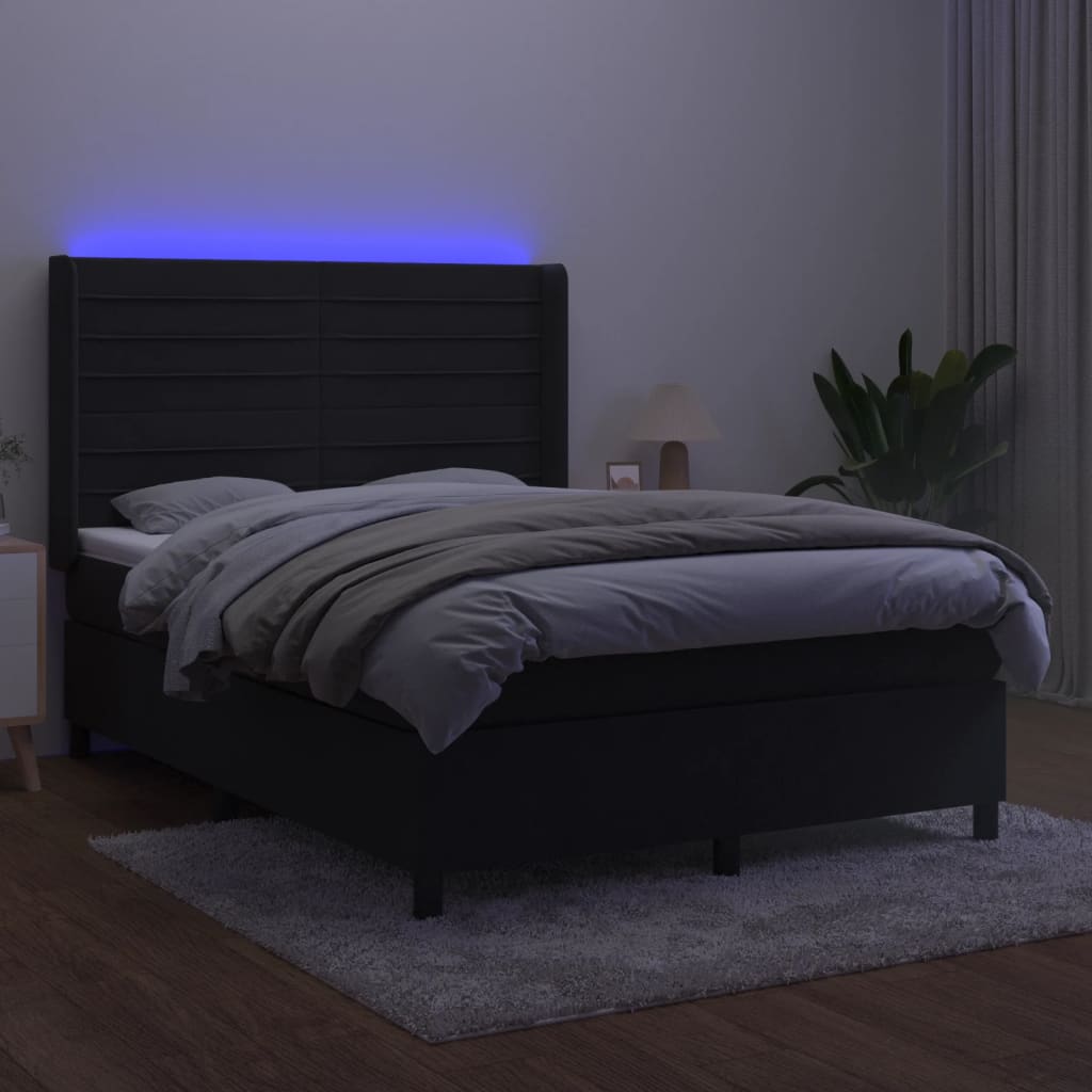 fekete bársony rugós és LED-es ágy matraccal 140x190 cm