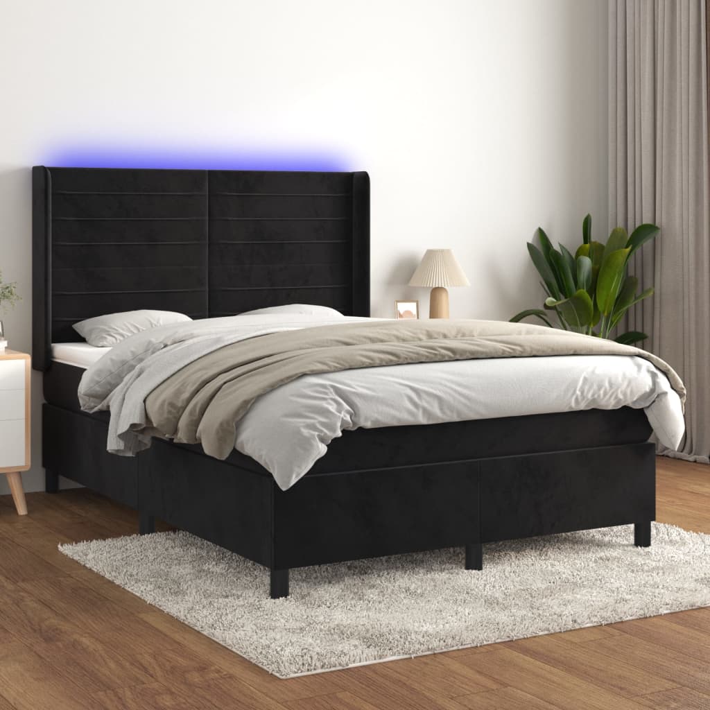 fekete bársony rugós és LED-es ágy matraccal 140x190 cm
