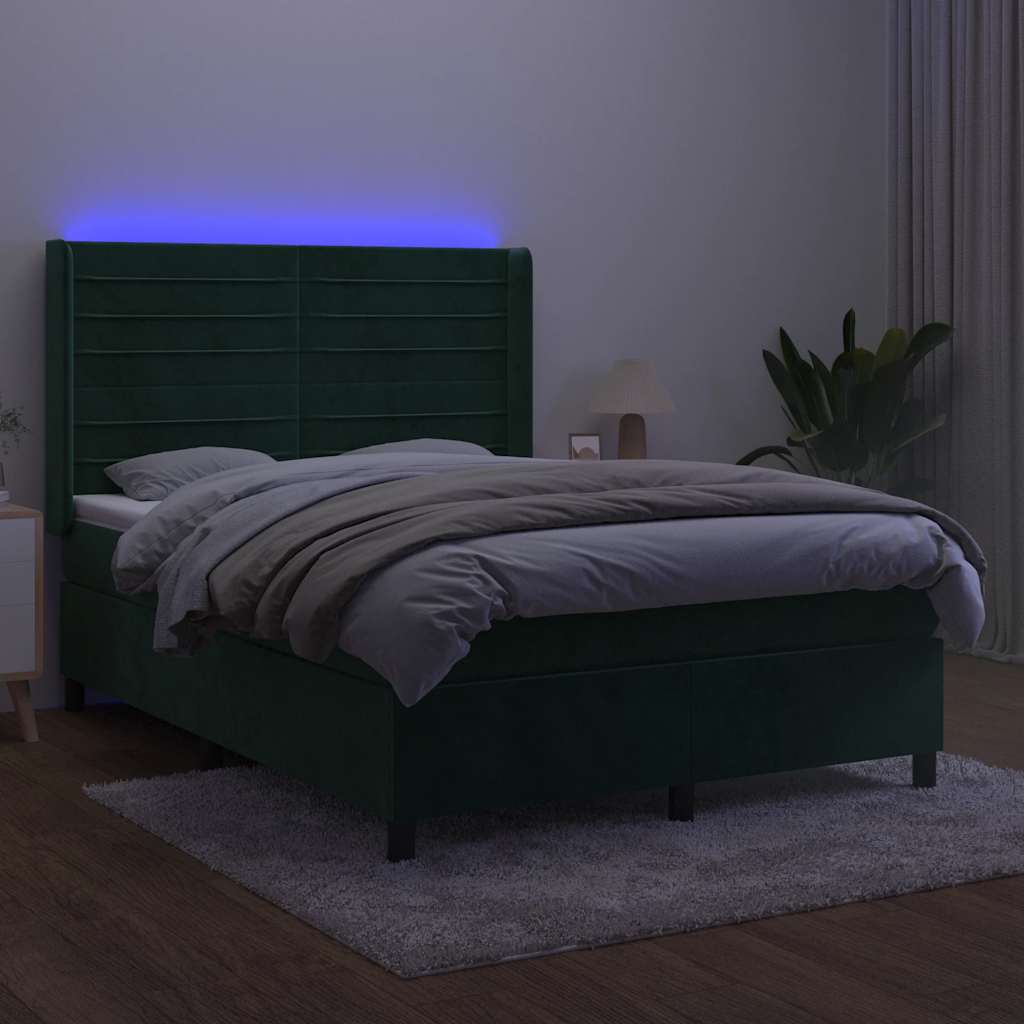 sötétzöld bársony rugós és LED-es ágy matraccal 140x190 cm