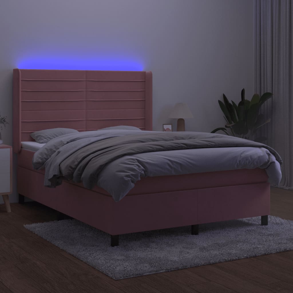 rózsaszín bársony rugós és LED-es ágy matraccal 140x190 cm