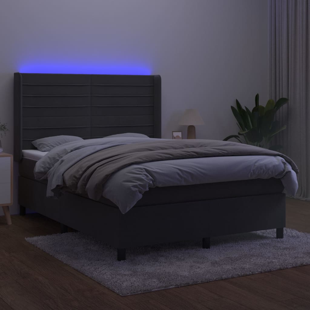 sötétszürke bársony rugós és LED-es ágy matraccal 140x200 cm