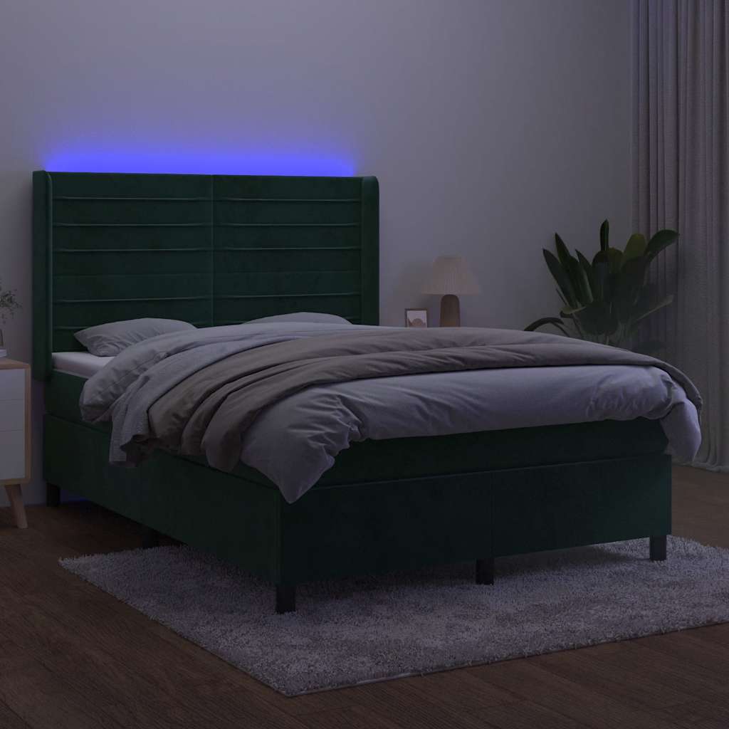 sötétzöld bársony rugós és LED-es ágy matraccal 140x200 cm
